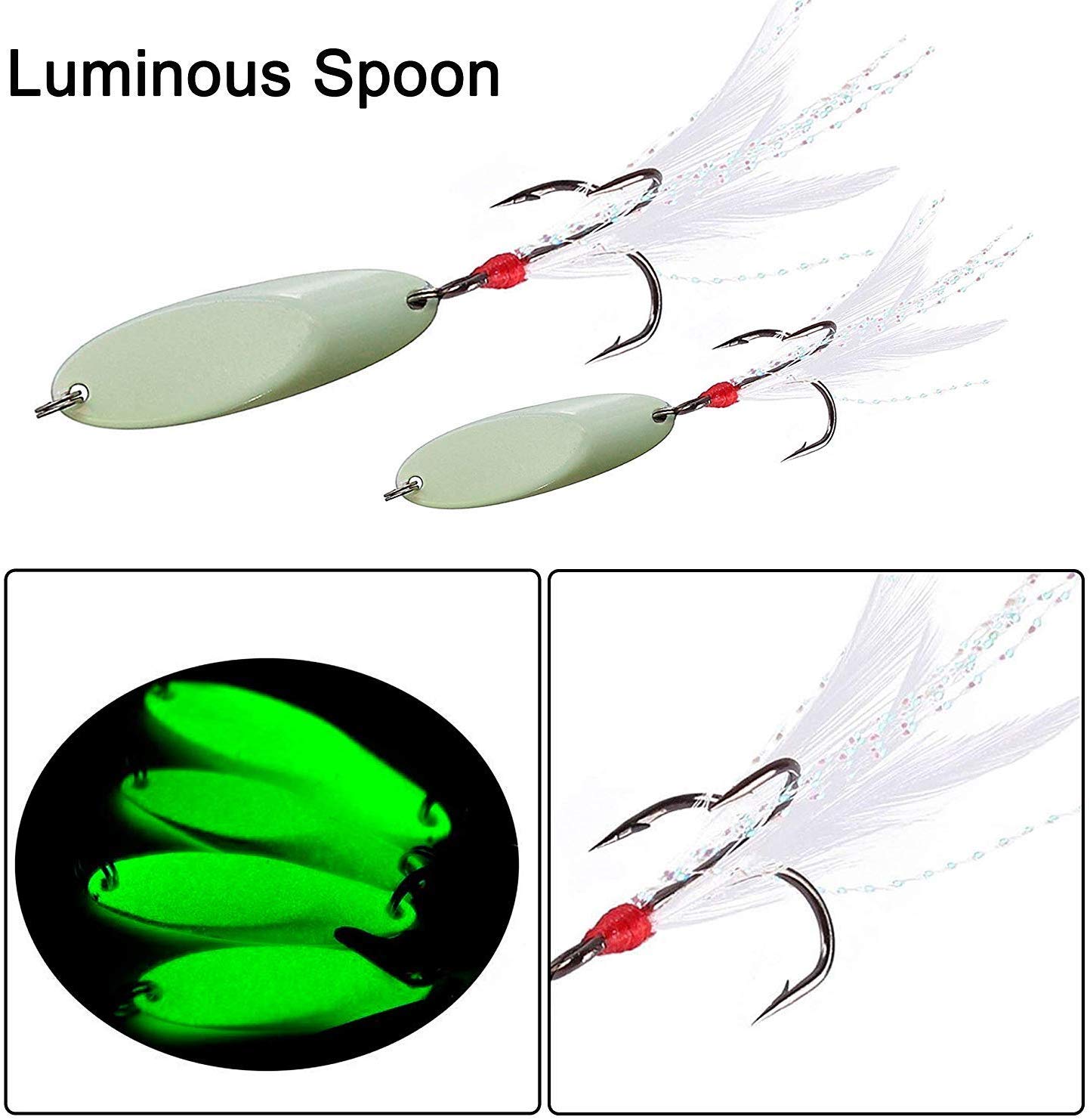 Spoon Lure Jigging Fishing Lures,Sinking Metal Luminous Spoons Hard Bait Saltwater with Treble Fishing Hooks for Salmon Bass Fishing Tackle - Image 3