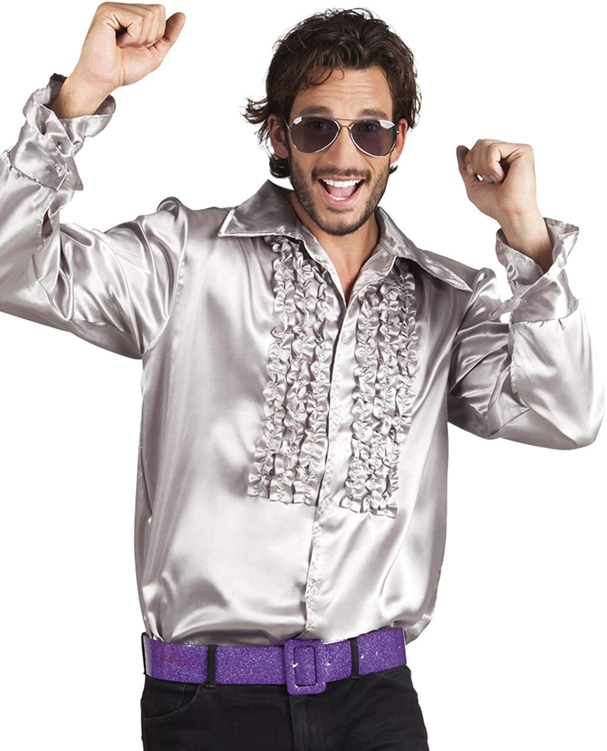 Boland - Disco Shirt with Frills Silver for Men Costume Party Shirt Schlagermove 70s Theme Party Carnival