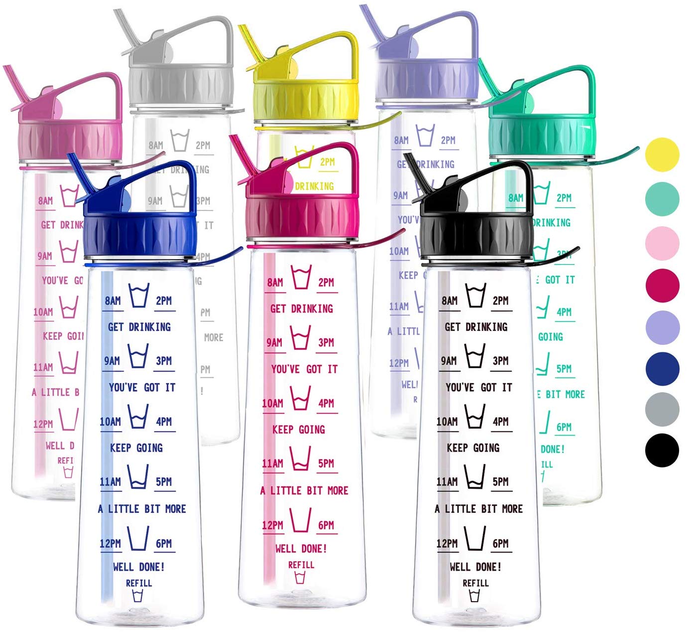 More Water Bottle With Straw, Motivational Time Markings 900ml - Drinking Tracker Bottles - Times to Drink - BPA Free Sports Bottles