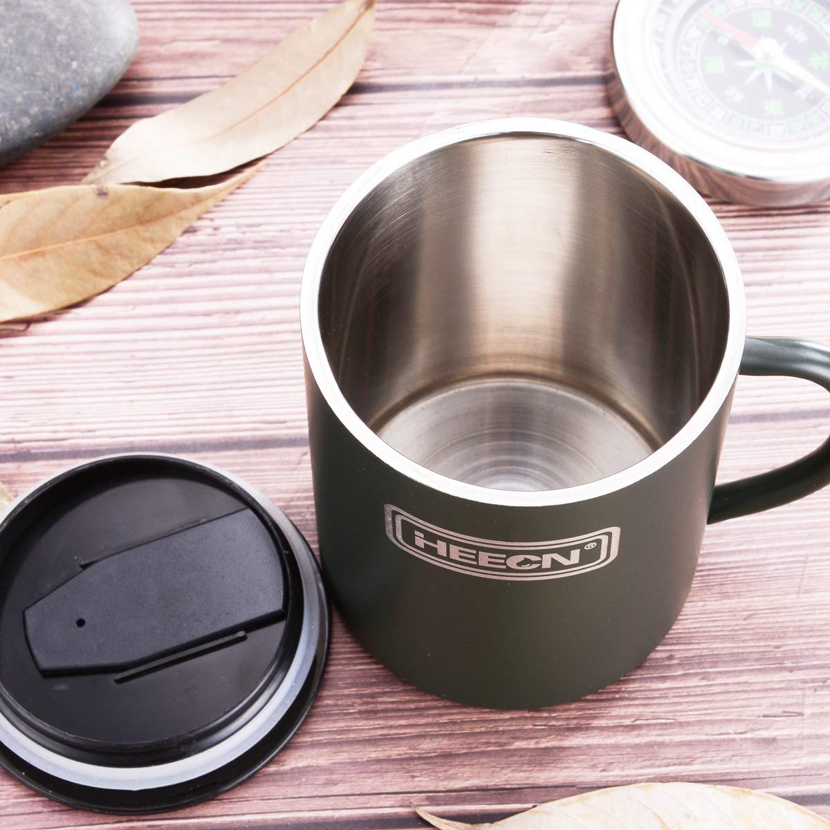 HEECN Camping Mugs, Double Walled Stainless Steel Mug for Hot Drinks with Lid, Army Green, Backpacking, Trekking, Hiking - Image 2