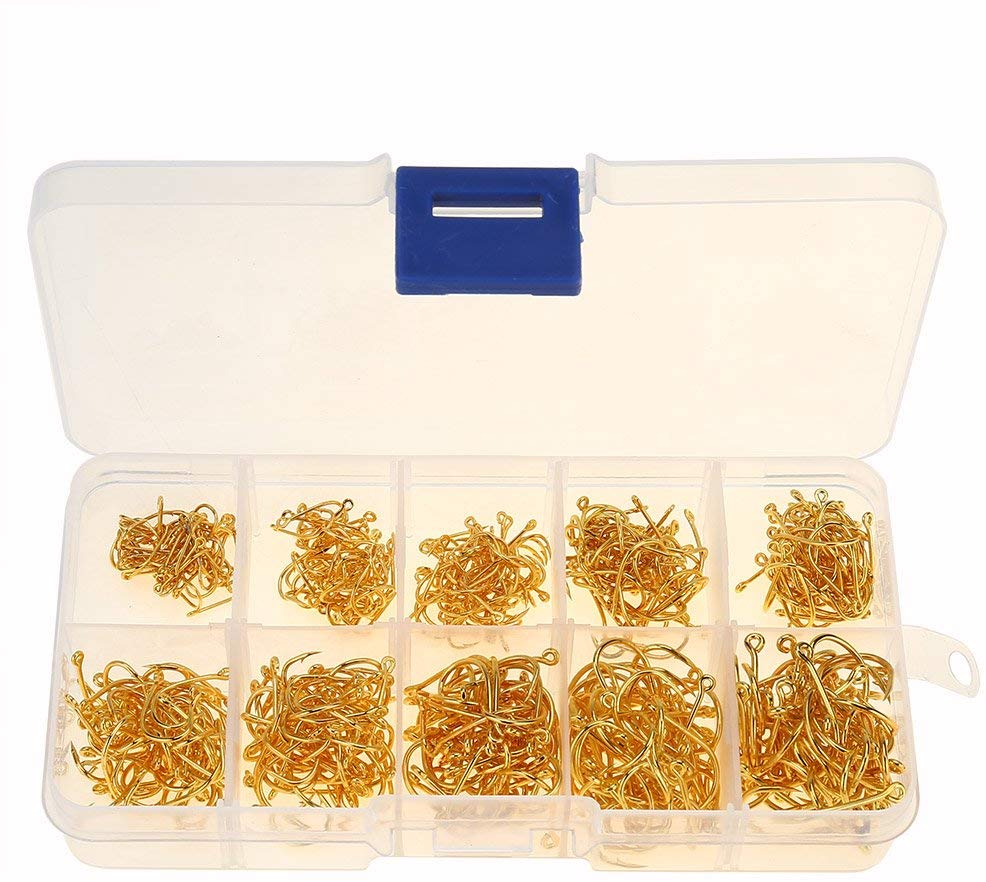 VGEBY 500Pcs 10 Sizes Fishing Hooks Set Steel Treble Hooks with Plastic box (Color : Gold)