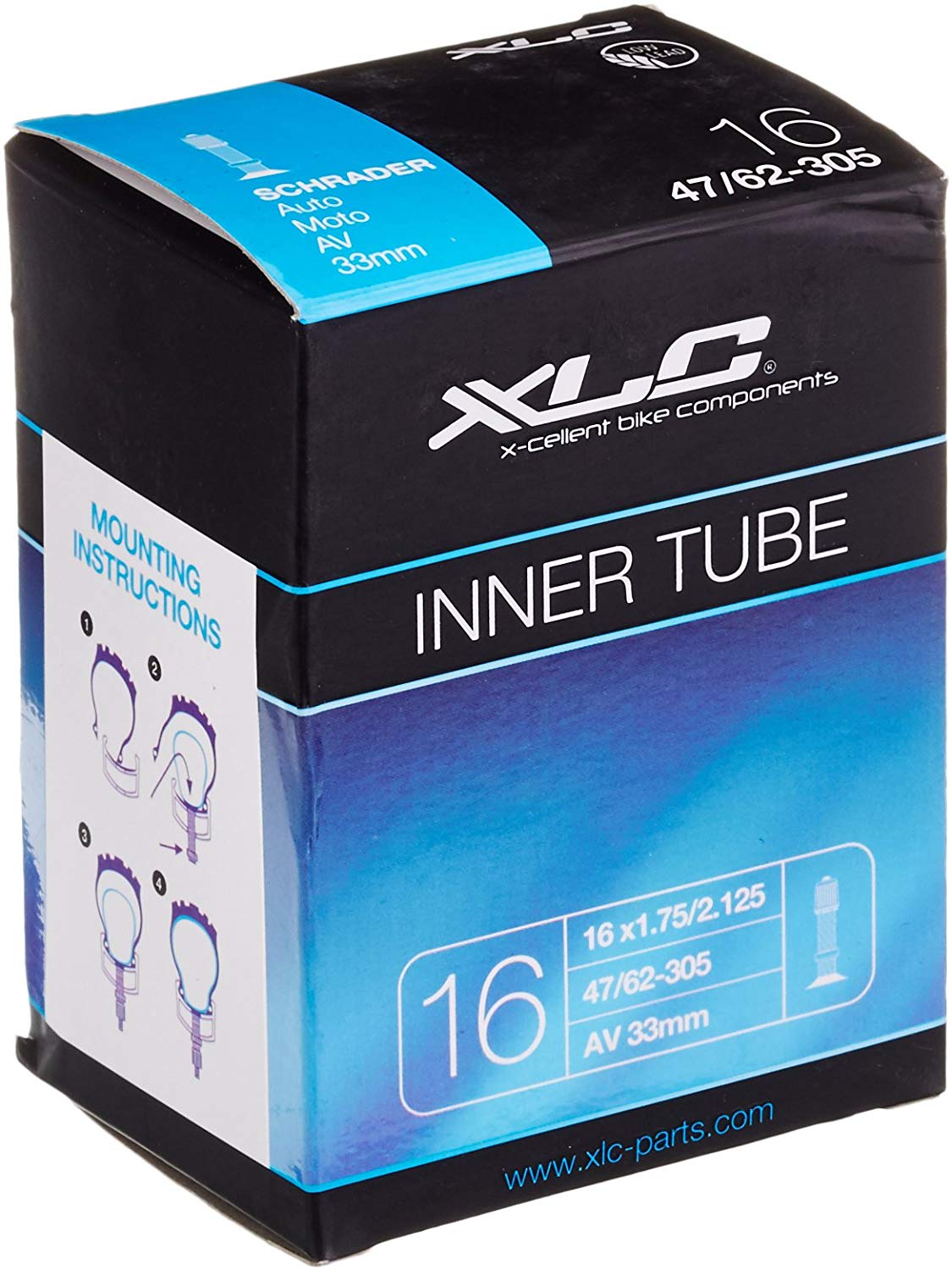 XLC Bicycle Tube 16 x1.75/2.125 47/62-305 AV 33 mm, 2508160200, Black