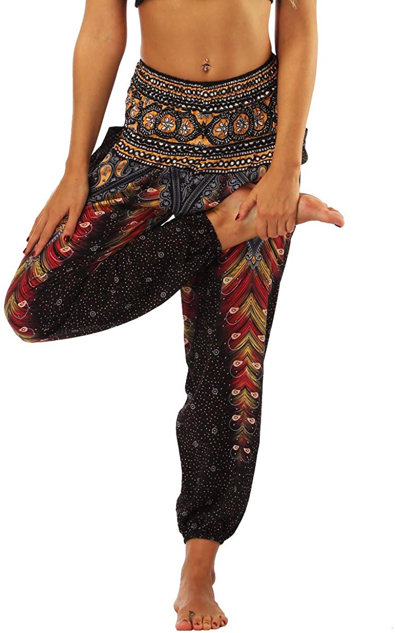 Nuofengkudu Baggy Indian Hippie Pants for Women Boho Vintage Floral Patterned Elasticated High Waist Black Peacock Print Comfortable Harem Pyjama Trousers for Yoga Summer Beach(Size: One Size) - Image 3