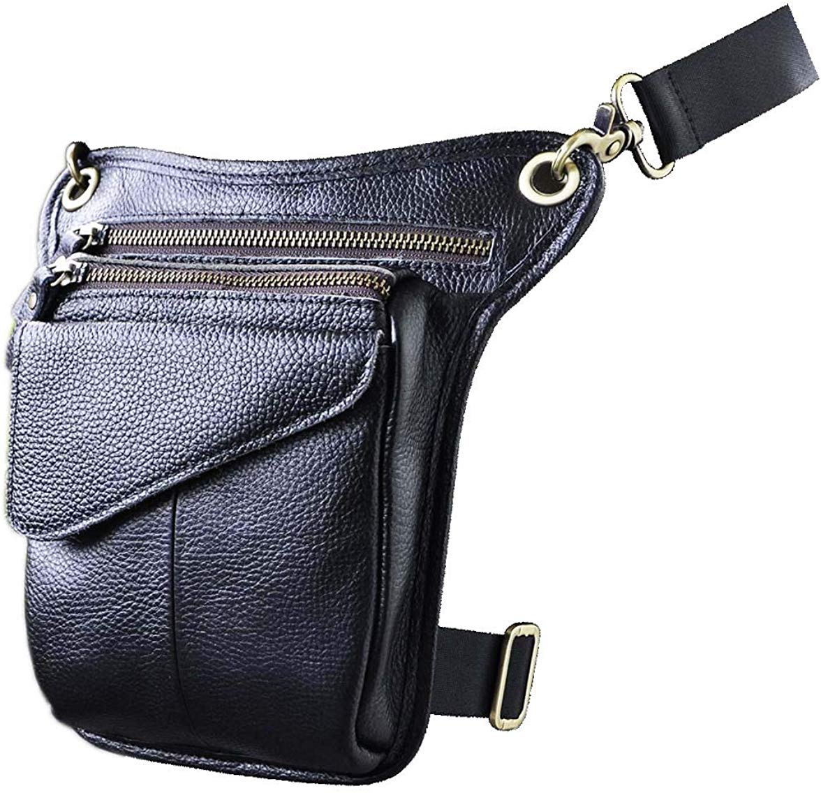 Le'aokuu Mens Genuine Leather Messenger Hip Bum Blet Waist Pack Tactic Drop Leg Thigh Bag (211-3 The Black)