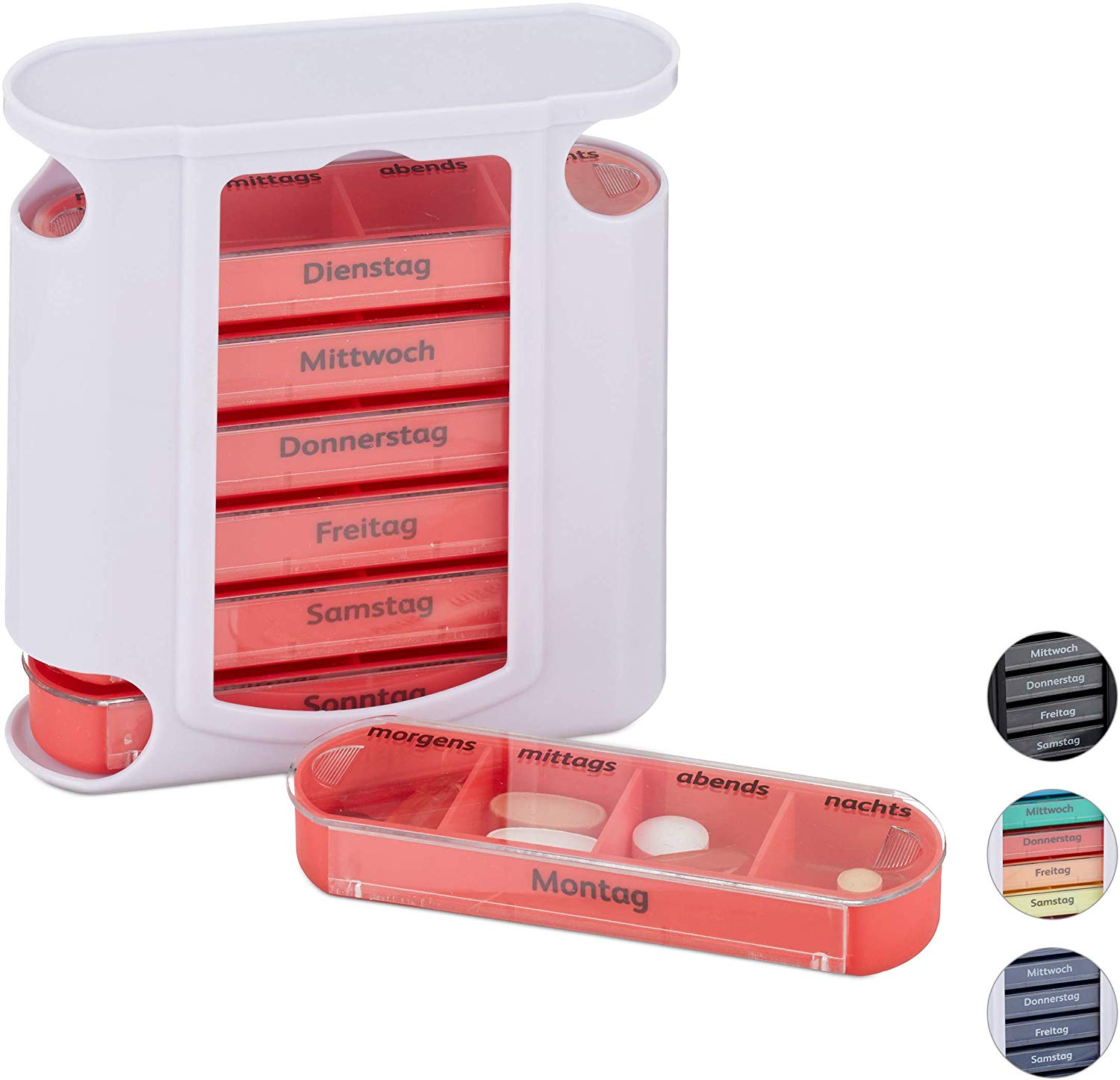 Relaxdays 7-Day Pill Organiser, Weekly Medicine Box, 4 Compartments, Morning, Noon, Evening, Night, White/Red