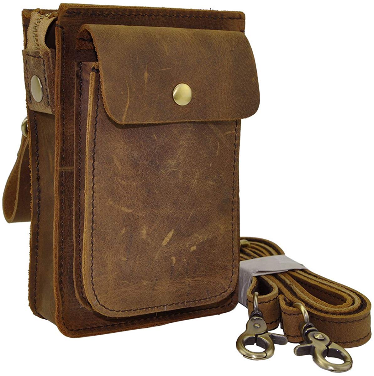 Le'aokuu Men Quality Leather Small Travel Outdoor Hip Bum Belt Waist Pack Satchel Messenger Bag Phone Pouch 021 (A2 Light Brown)