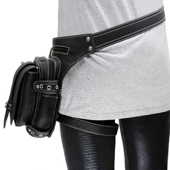 FiveloveTwo® Men Women Leather Multi-functional Tactical Drop Leg Waist Bag Pack Hiking Camping Trekking Cycling Hip Belt Fanny Messenger Bag Black - Image 2