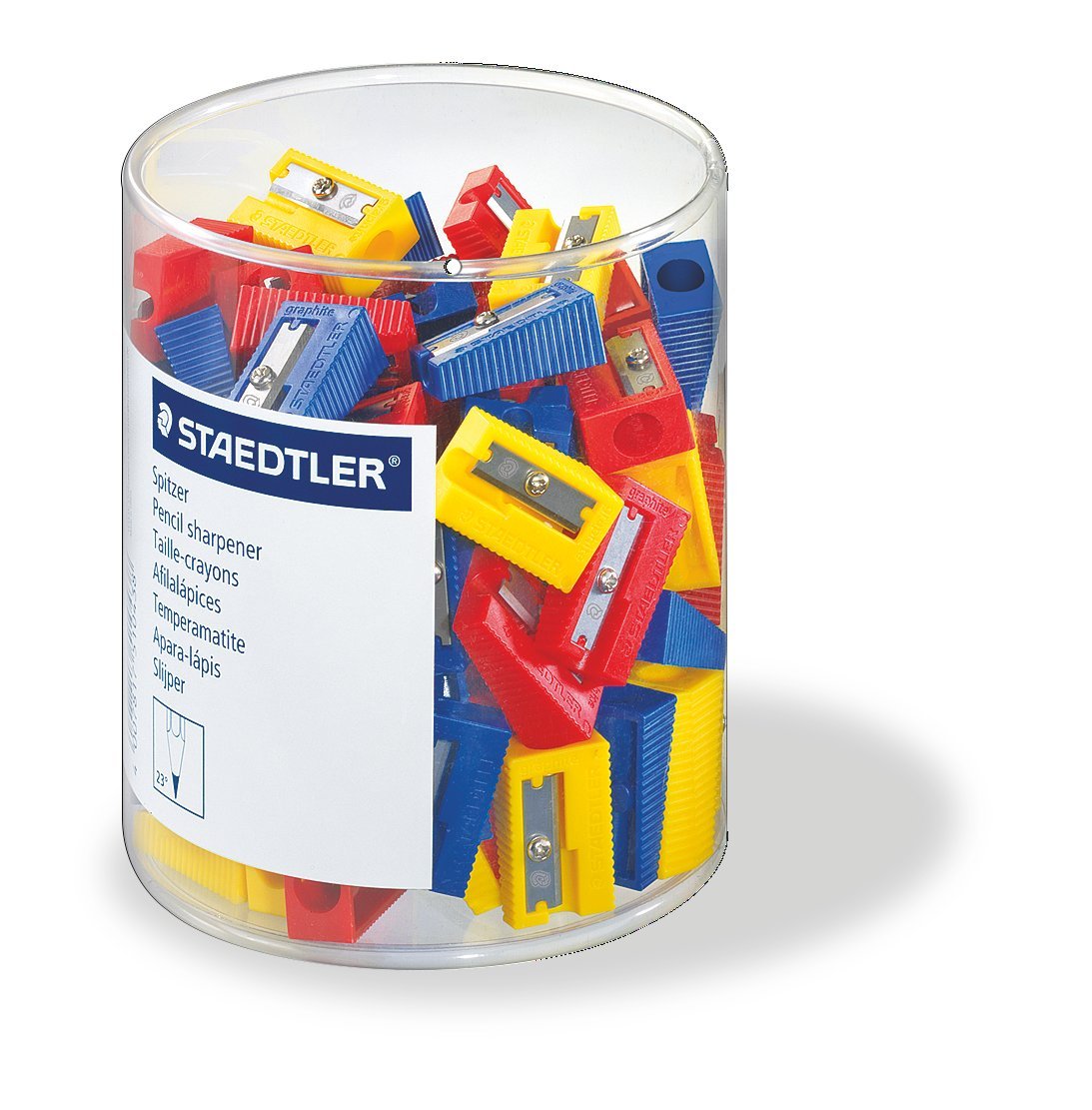Staedtler 51050KP100 Sharpener for Pencil Holder Box Pack of 100 in Assorted Colours, Yellow,Blue,Red