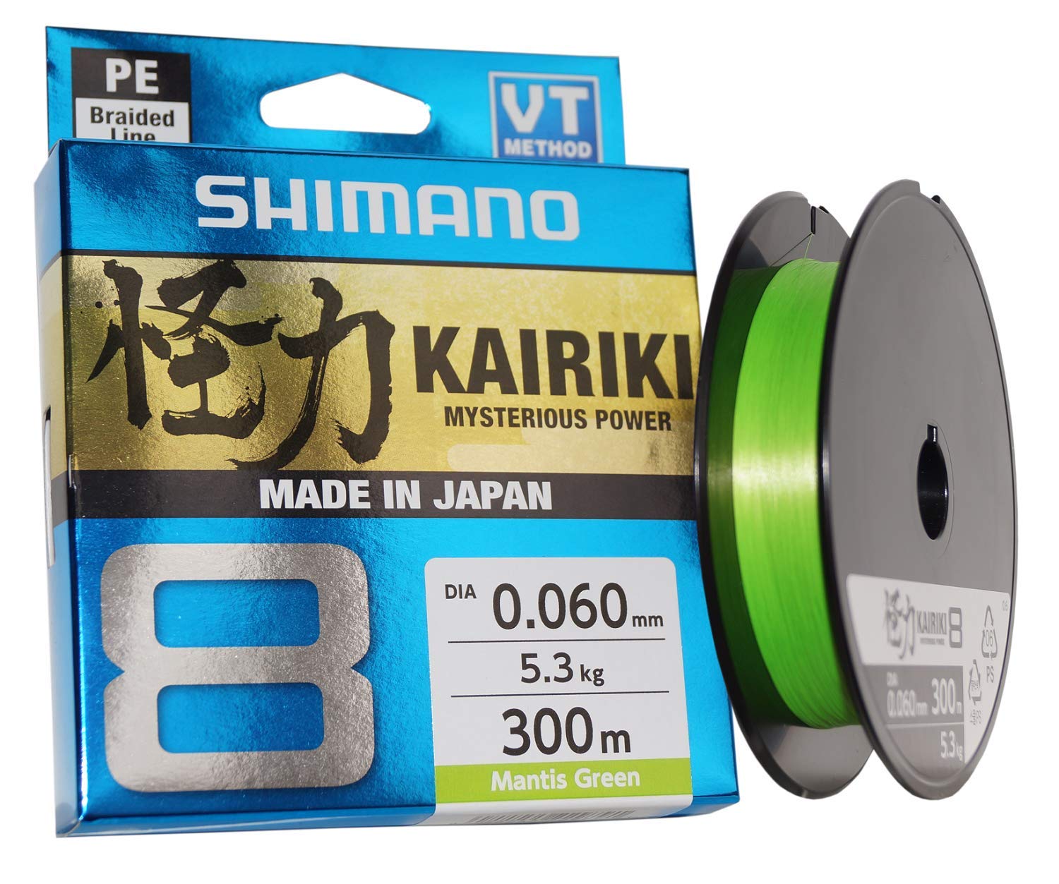 SHIMANO Kairiki 8, 300 Meter, Mantis Green, 0.05 mm/5.3 kg, Braided Fishing Line, 59WPLA68R00, 0.06mm / 5.3kg, 300m