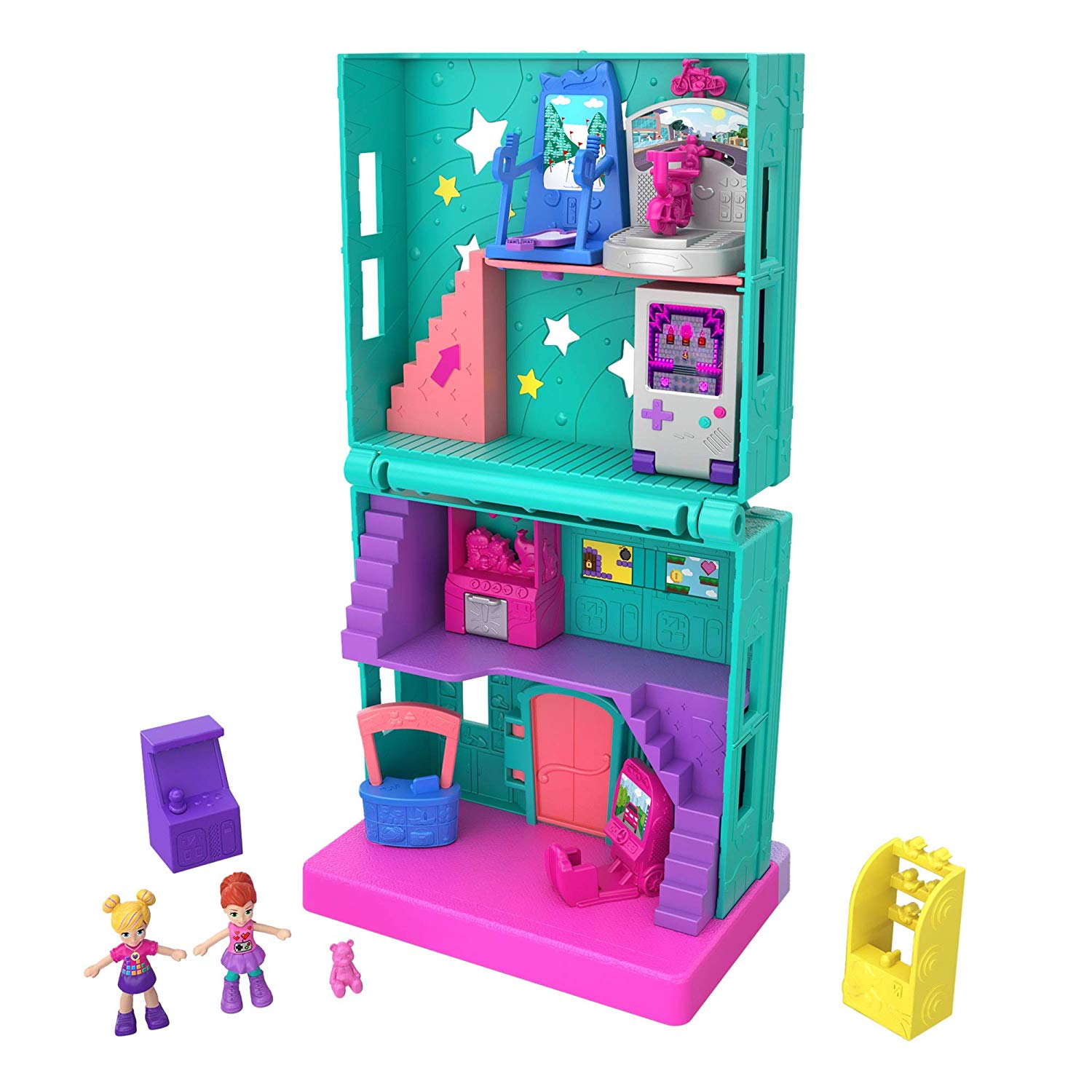 Polly Pocket Pollyville Arcade with 4 Floors, 2 Dolls & 5 Accessories, Multicolor