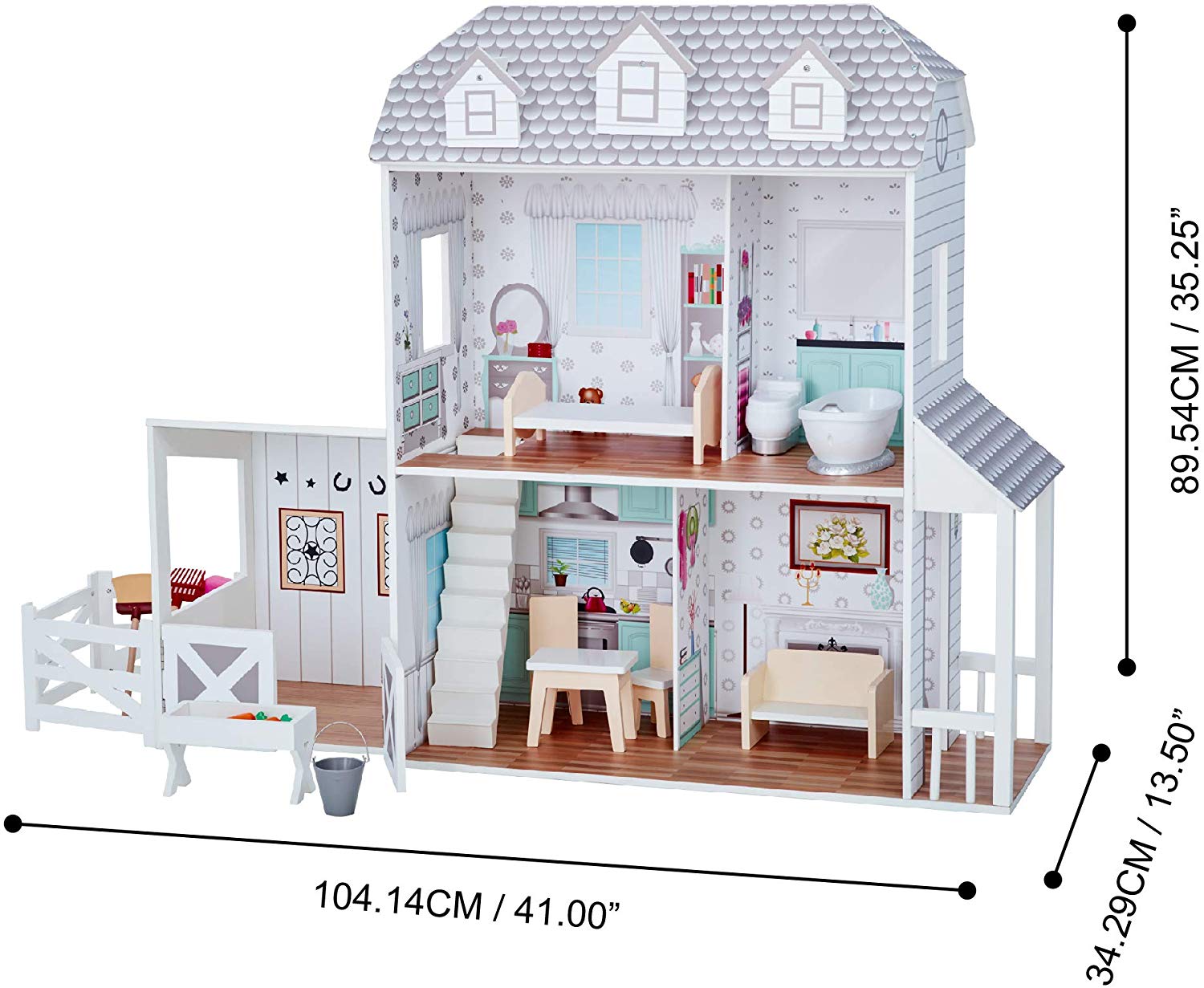 Olivia's Little World Dreamland Farmhouse Wooden Doll House with Horse Stable, Porch, and 14-pc. Accessory Set for 12" Dolls - Image 4