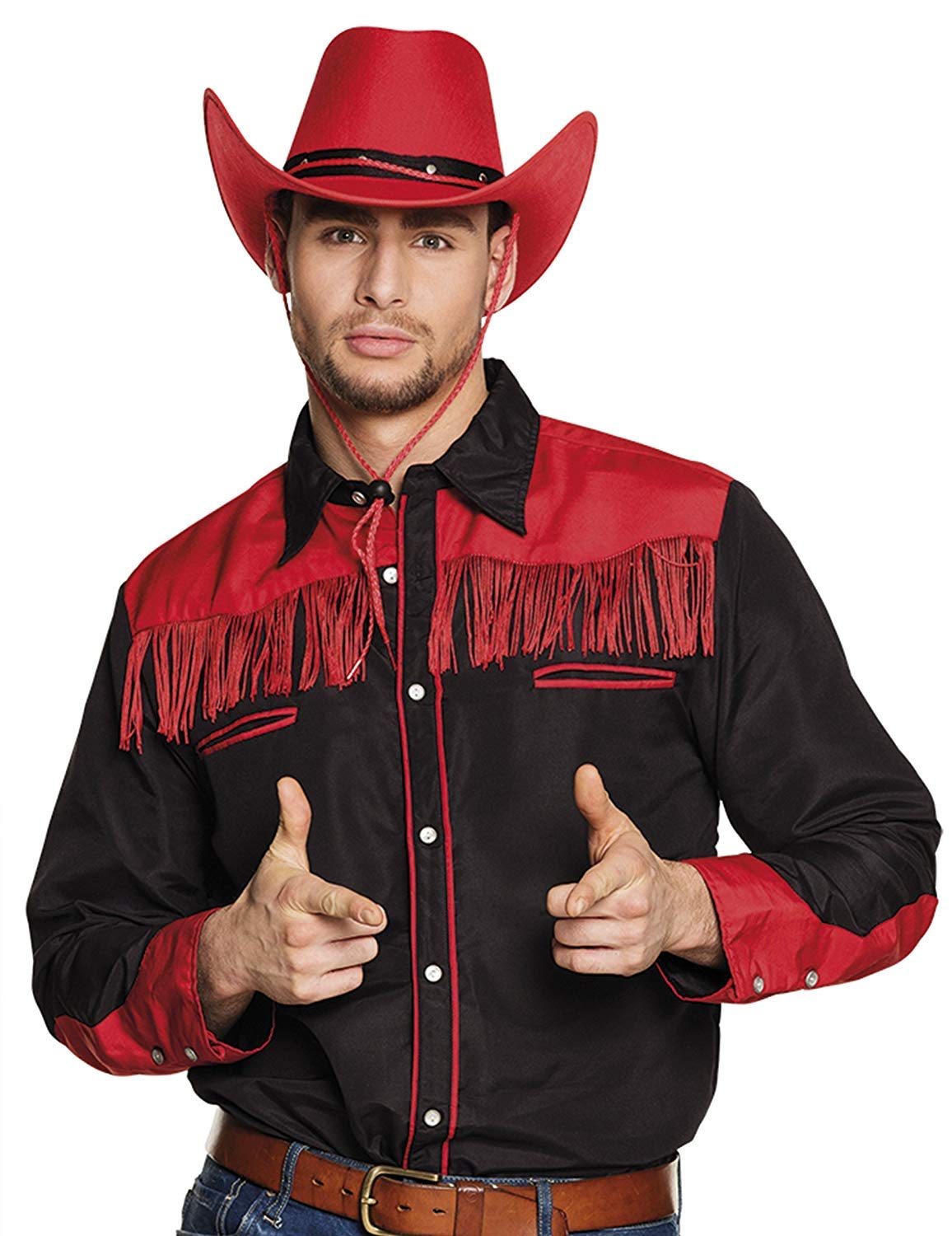 Boland - Men's Western Black and Red Fringe Cowboy Wild West Costume Carnival Theme Party, Schwarz/Rot, XL