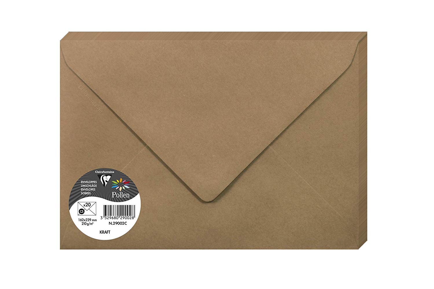 Clairefontaine 29002C Kraft Paper Pack of 20 Gummed Envelopes C5 (16,2x22,9cm) 120gsm Kraft Colour Invitation Events and Correspondence Pollen Range Premium