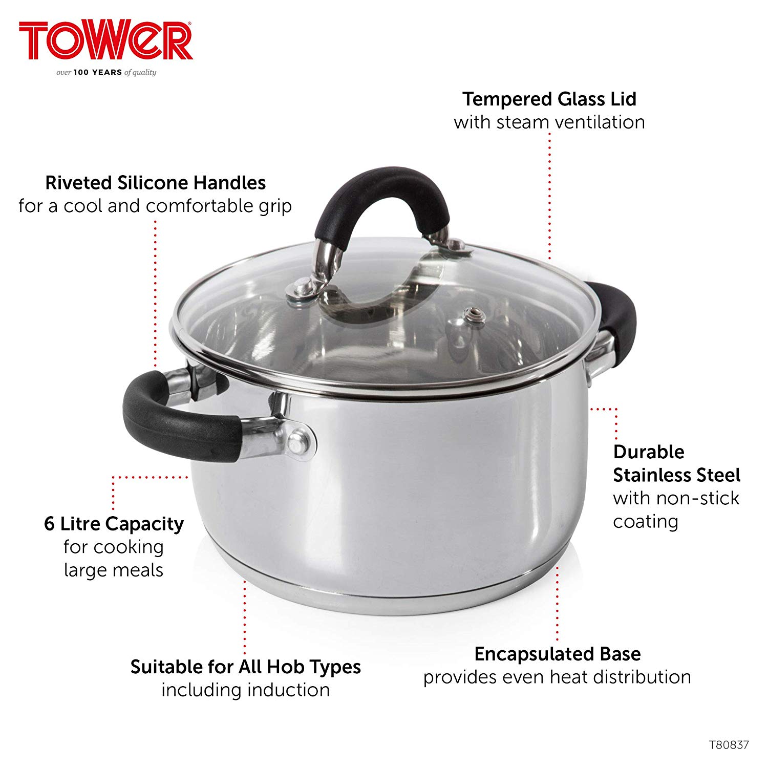 Tower T80837 Essentials 24cm Casserole Dish with Encapsulated Base & Tempered Glass Lid, Mirror Finish Interior & Exterior - Image 2