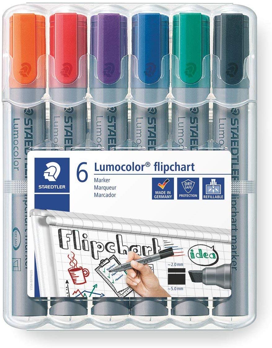 STAEDTLER 356 B WP6 Lumocolor Flipchart Markers, Chisel Tip 2-5mm Line Width - Assorted Colours (Pack of 6)