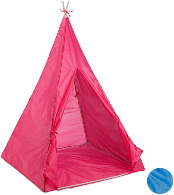 Relaxdays 10025738_113 Teepee Play Tent, in-and Outdoor Use, Wigwam with Floor Panel for Kids Age 3 and Up, Playhouse, 100x100 cm, Pink