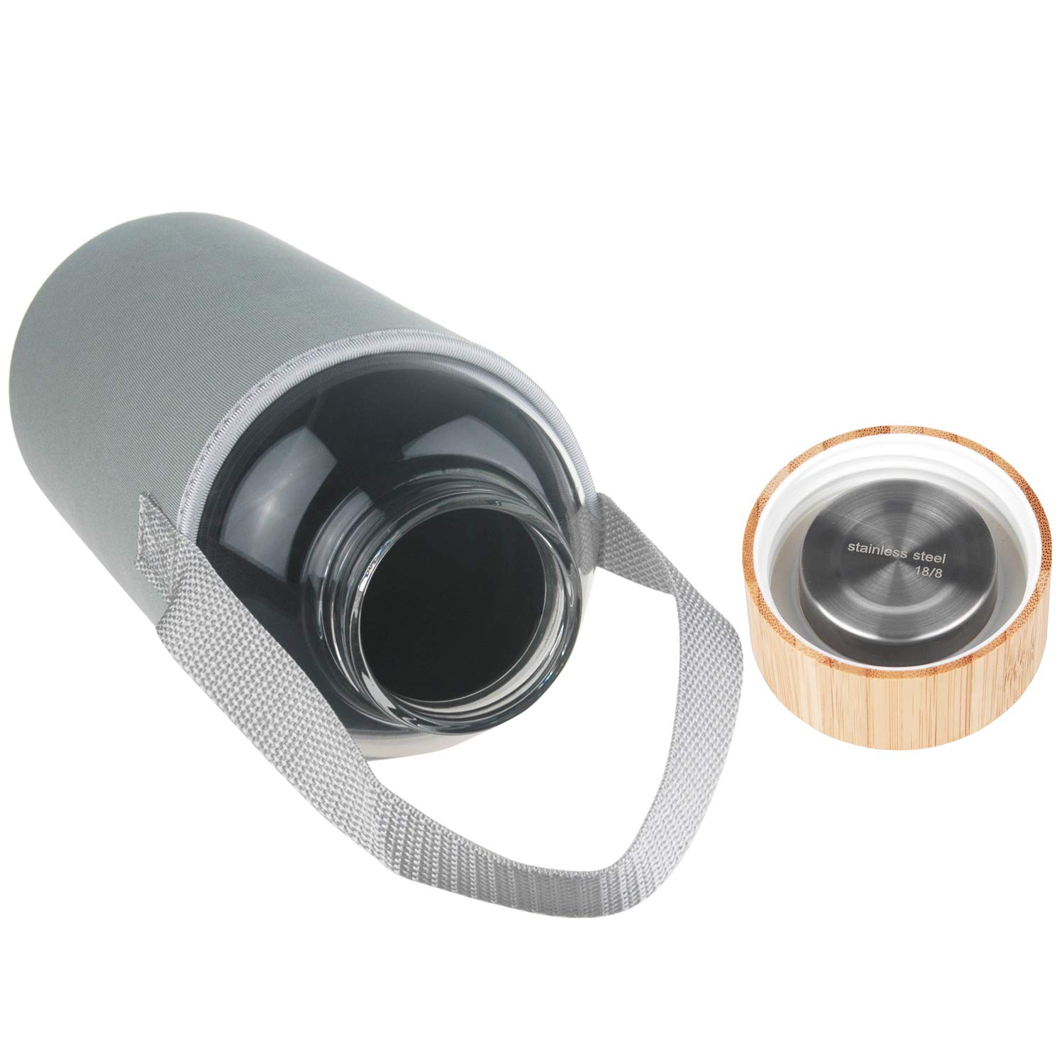 Ferexer 1.5 Litre Large Borosilicate Glass Water Bottle with Bamboo Lid with Neoprene Sleeve 1500 ml / 1.5 L Grey - Image 3