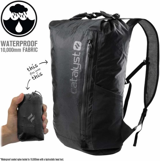 Ultra Lightweight Waterproof Backpack Foldable 10 000mm ULTRA Resistant fabric by Catalyst, Tactical Military Gear for Exotic Places, Fishing, Beach, Hiking, Dry Bag Black Backpack Daypack Packable