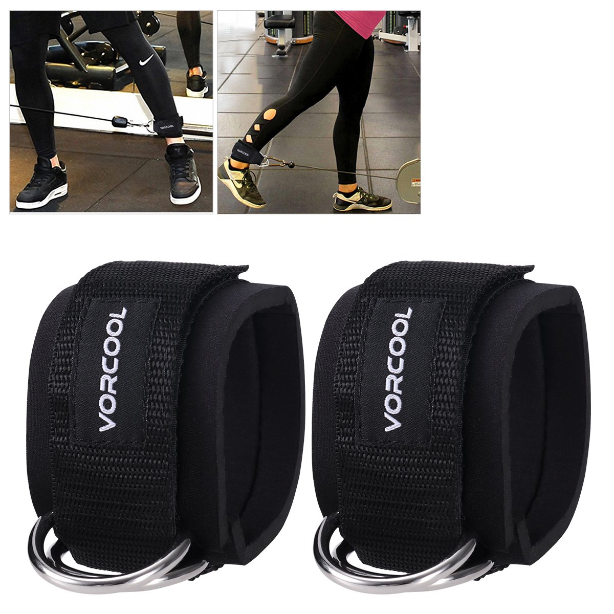 VORCOOL Ankle Straps for Cable Machines: 2PCS Steel Double D-Ring Neoprene Padded Weightlifting Gym Workout Fitness Ankle Cuffs for Legs Abs and Glute Exercises with Carry Bag Fits Men&Women