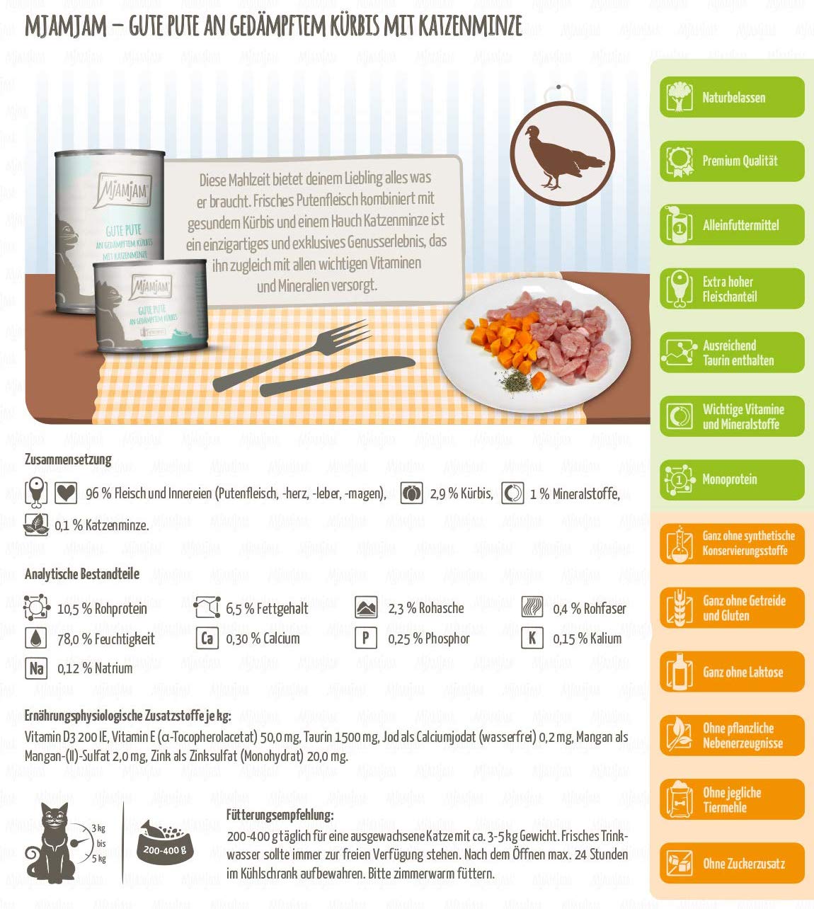 MjAMjAM Natural Wet Cat Food, Good Turkey with Steamed Pumpkin, Grain Free, 6 x 200g - Image 3