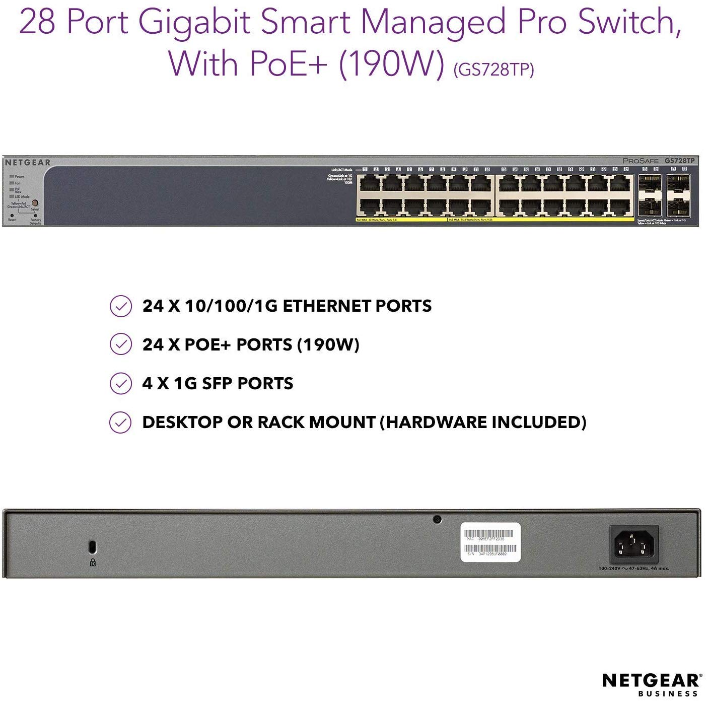 NETGEAR 28-Port PoE Gigabit Ethernet Smart Switch (GS728TP), Managed, Optional Insight Cloud Management, 24 x PoE+ @ 190W - Image 2