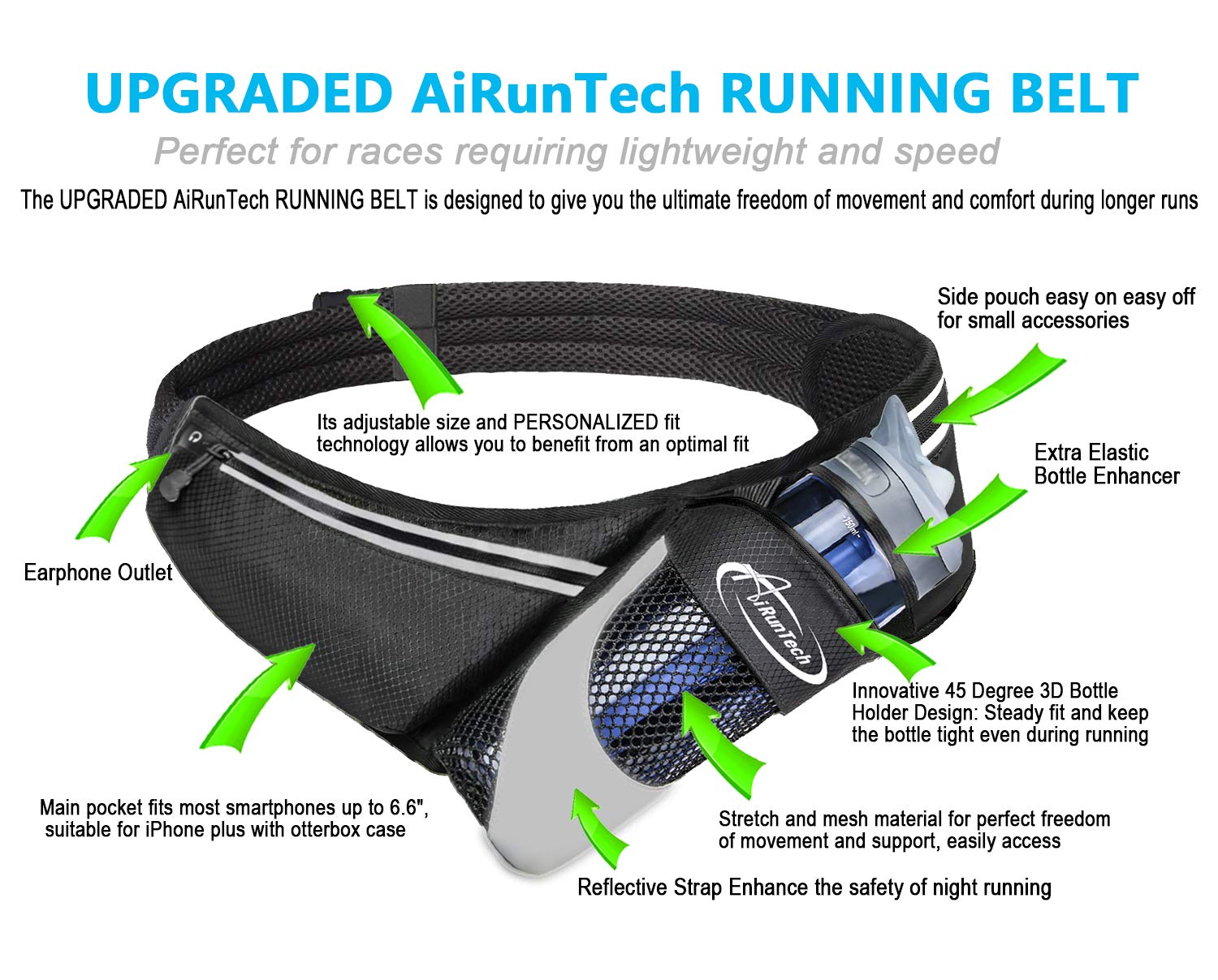 AiRunTech Running Belt with Water Bottle Holder No Bounce Hydration