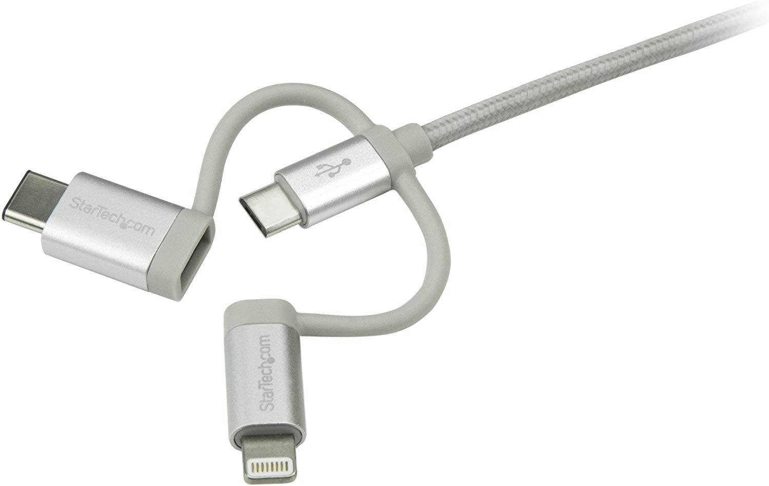 StarTech USB Multi Charging Cable, 3.3 ft / 1m, Lightning/USB-C/Micro-USB, Braided, MFi Certified - Image 2