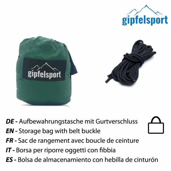 gipfelsport Hammock- Ultralight parachute silk hammock | for up to 2 persons up to 300kg | for indoor and outdoor | Travel hammock with 2x straps or 2x ropes - Image 4