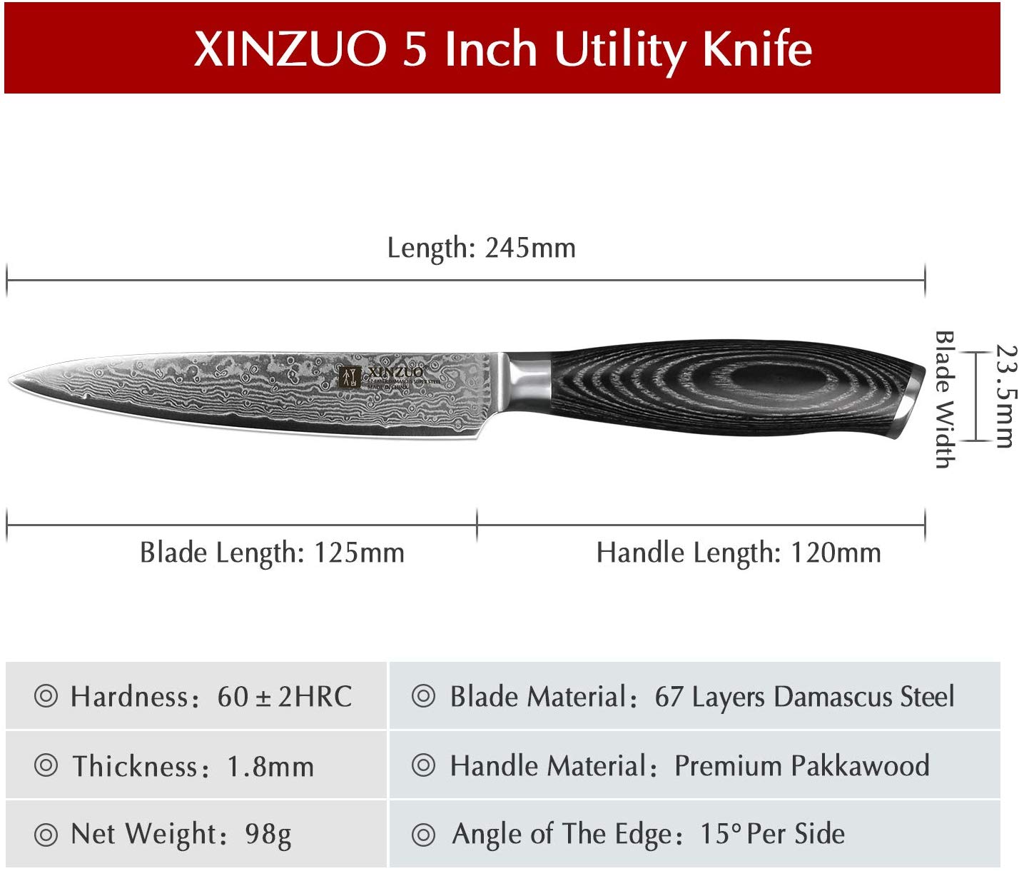 XINZUO 12.6cm Paring Knife, 67 Layers Damascus Steel Kitchen Cooking Knife - Image 3