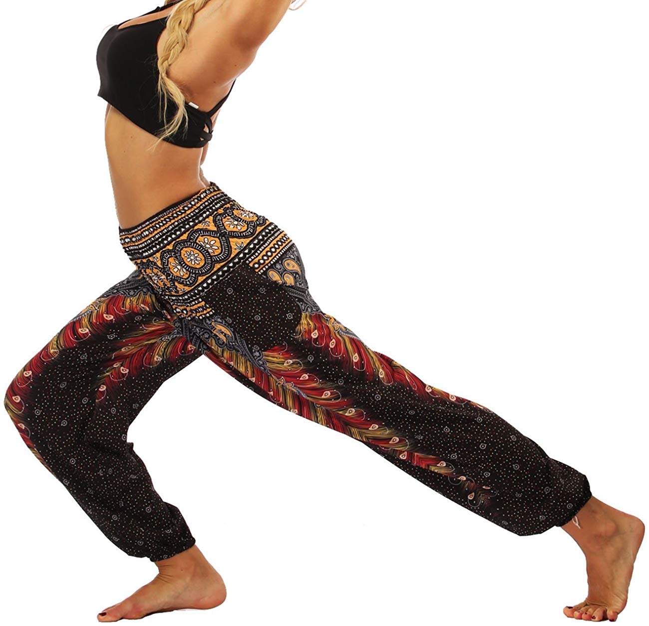 Nuofengkudu Baggy Indian Hippie Pants for Women Boho Vintage Floral Patterned Elasticated High Waist Black Peacock Print Comfortable Harem Pyjama Trousers for Yoga Summer Beach(Size: One Size) - Image 4