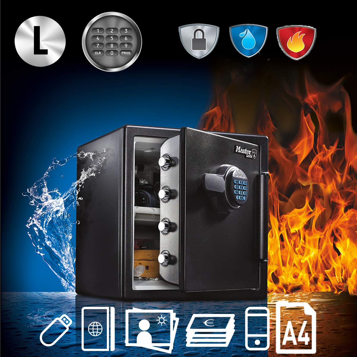 MASTER LOCK Certified Fire and Waterproof Safe Box with Digital Combination, 10L, 419 x 193 x 375 mm, Portable - Image 2