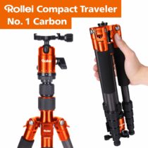 Rollei Compact Traveler No 1 Carbon I Orange I Light travel tripod I Small pack size photo tripod I Ball head and tripod bag