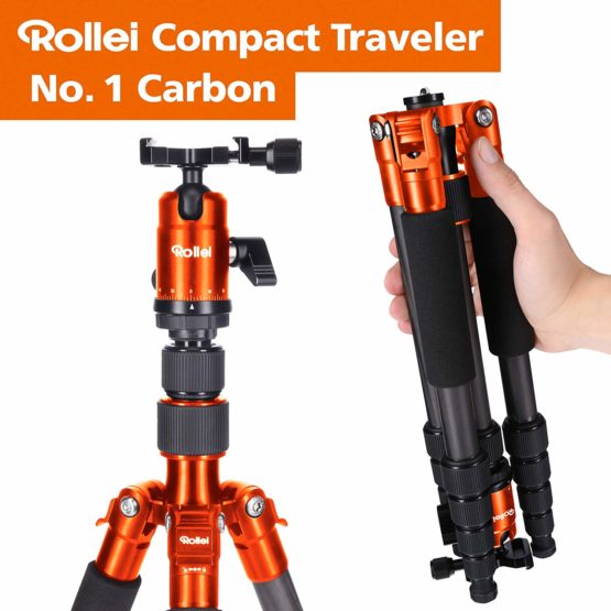 Rollei Compact Traveler No 1 Carbon I Orange I Light travel tripod I Small pack size photo tripod I Ball head and tripod bag
