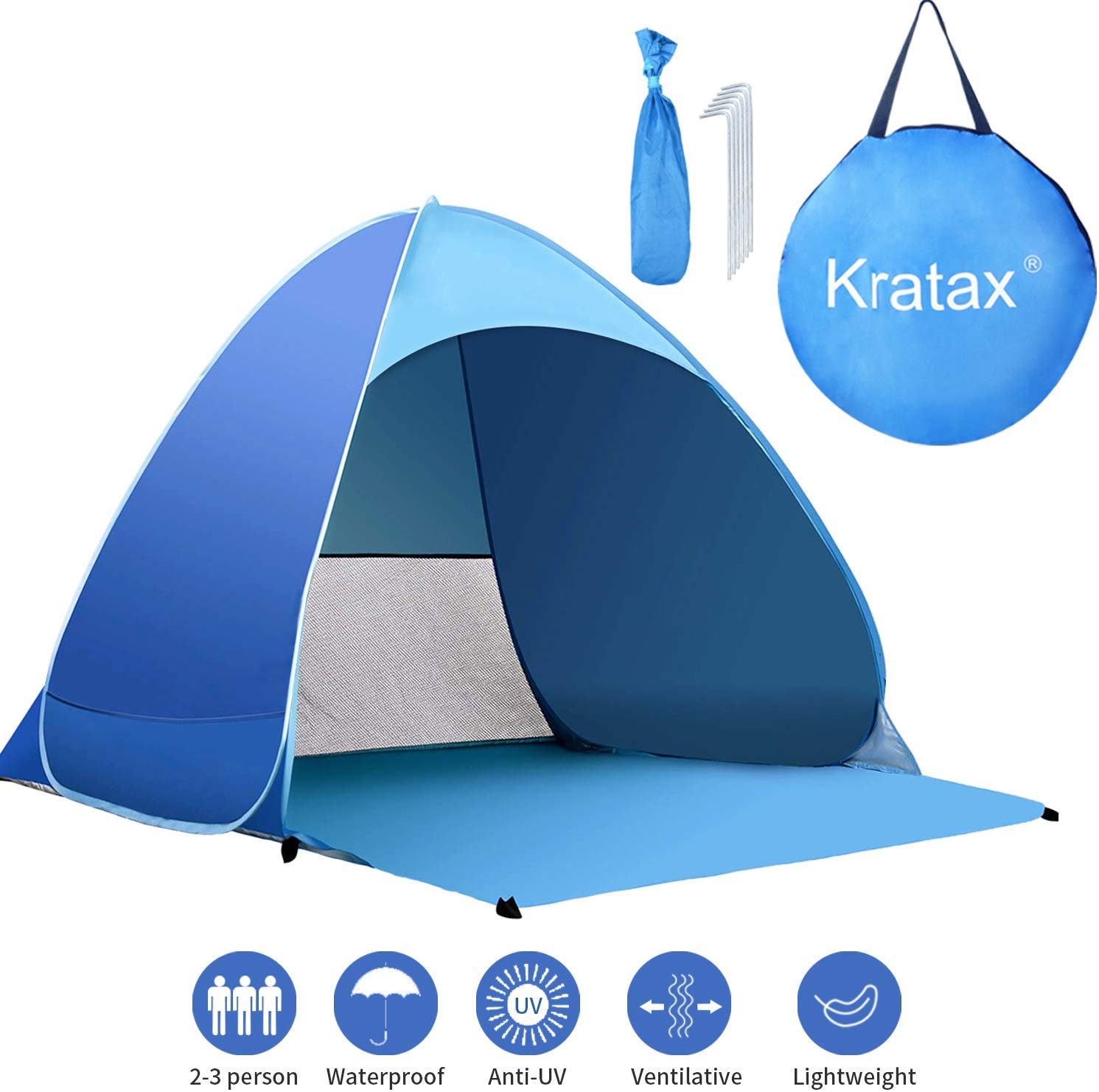Kratax Pop Up Beach Tent for 1-3 Person Rated UPF 50+ for UV Sun Protection Waterproof Sun Shelters for Family Camping Fishing