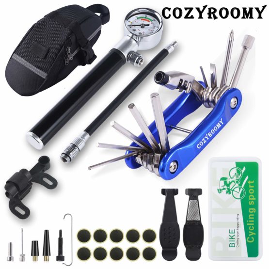COZYROOMY Bike Tyre Repair Kit - Bike tool kit with 210 Psi Mini Pump 10-in-1 multi-tool（With chain breaker）, 3 in 1 Tyre Levers &Tire patch, 1 saddle bag. 6 month warranty
