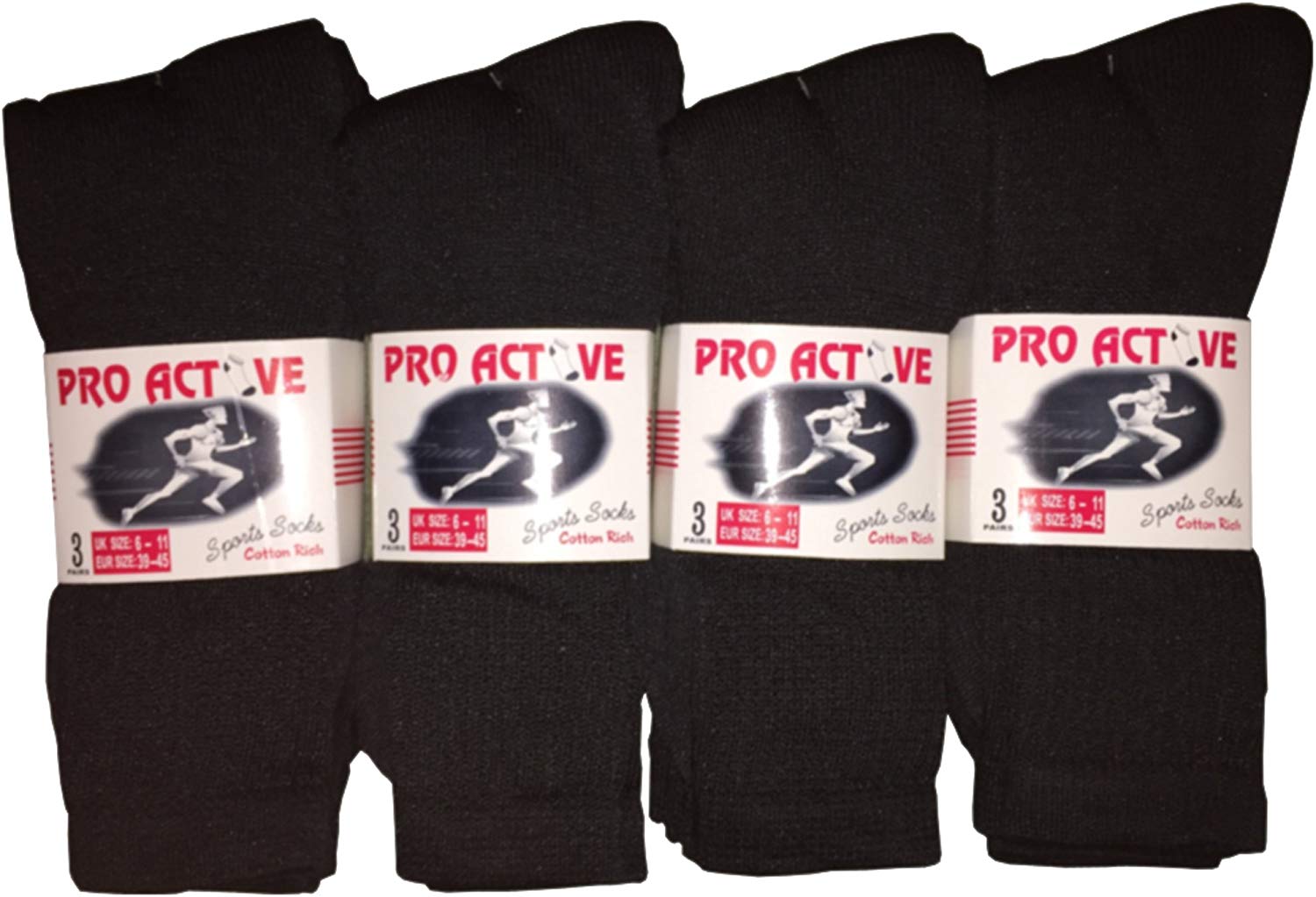 New Mens 12 works COTTON Plain BLACK Sport Socks UK 6-11 EUR 39-45 - Image 2