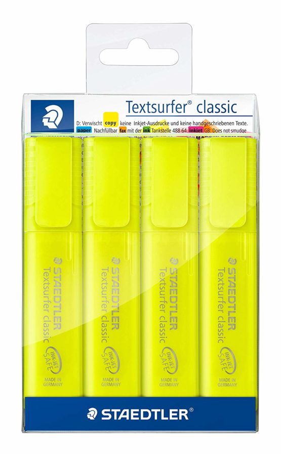 STAEDTLER 364-1P WP4 Yellow Highlighter Textsurfer Classic, Pack of 4