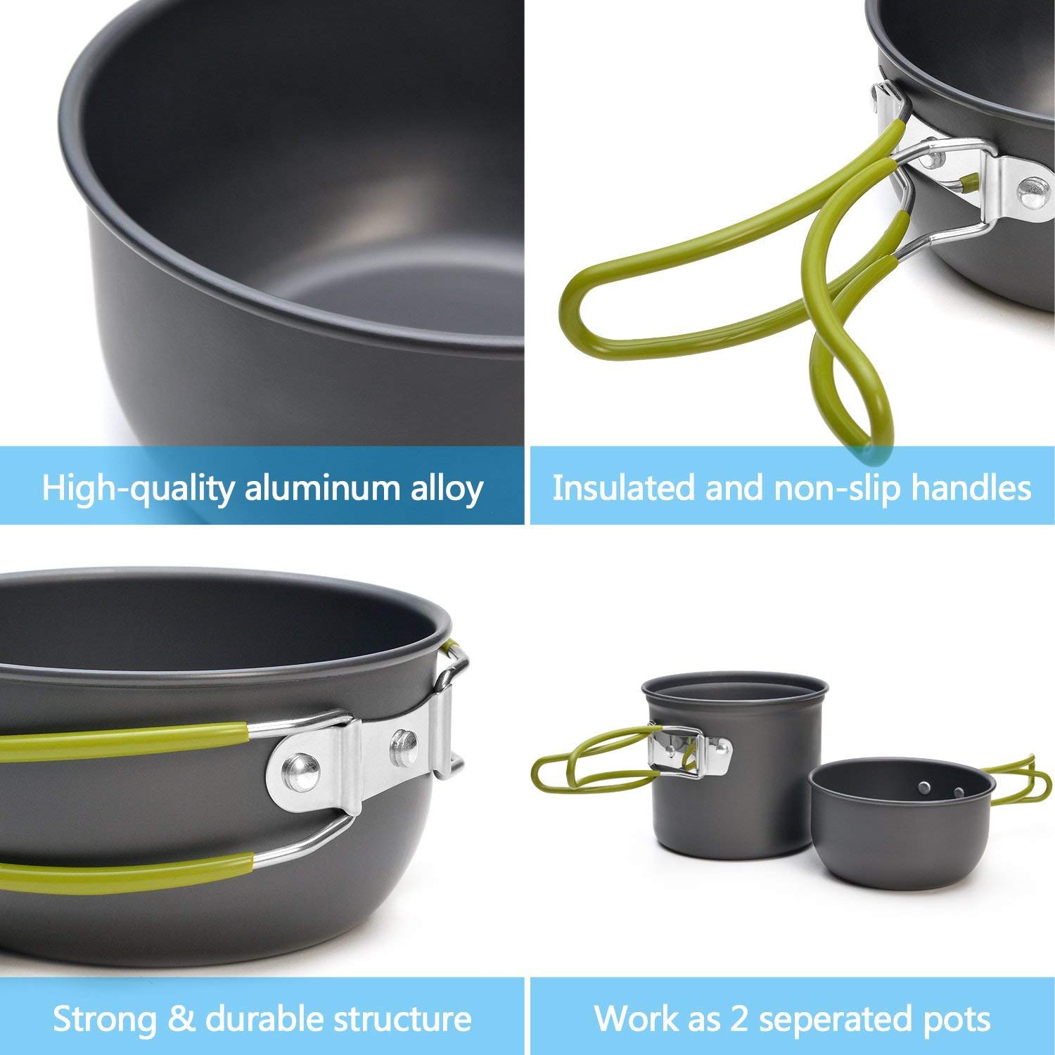 Odoland Camping Saucepans Set, 10 Pieces Durable Aluminium Complete Kitchen Utensils with Ultralight Portable Stove for Hiking Fishing - Image 3