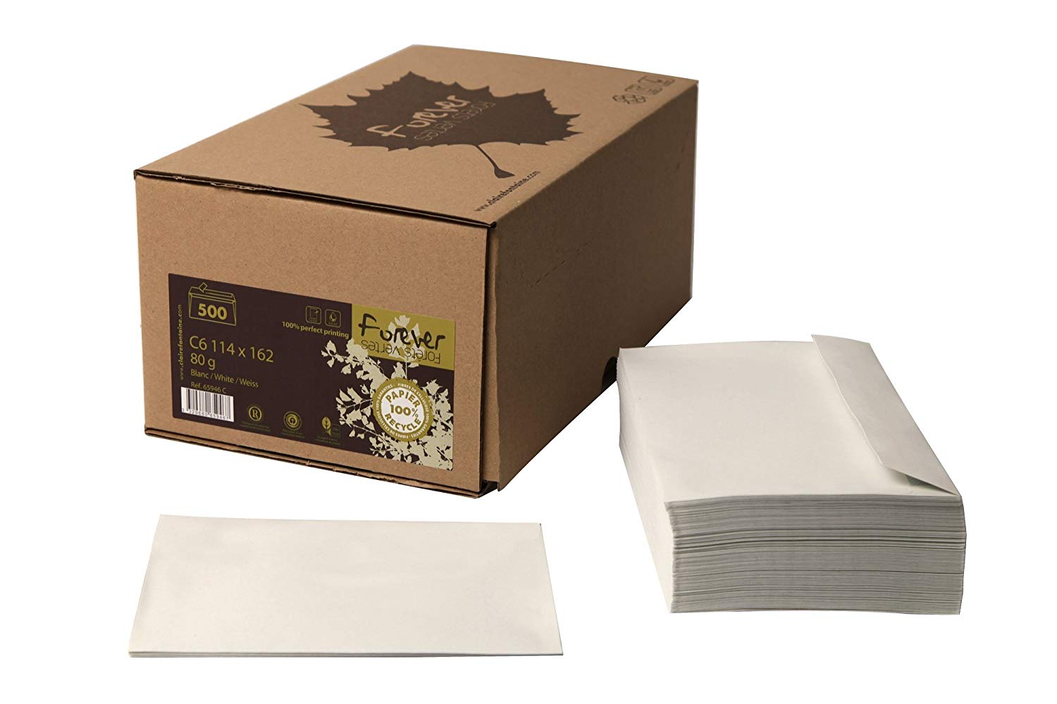 Clairefontaine 65946C, Box of 500 Forever Envelopes, 100% recycled, Size: C6-114x162mm, Self-Adhesive, 80g/m², White Colour