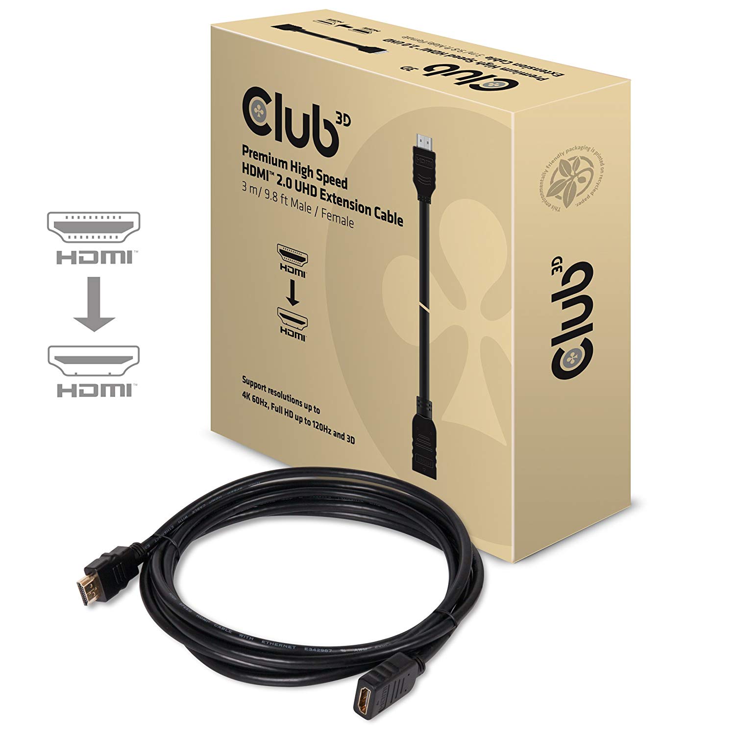 Club 3D HDMI Cable 2.0 UHD Extension Cable 3 m M/F Retail, black, 9.8 Feet