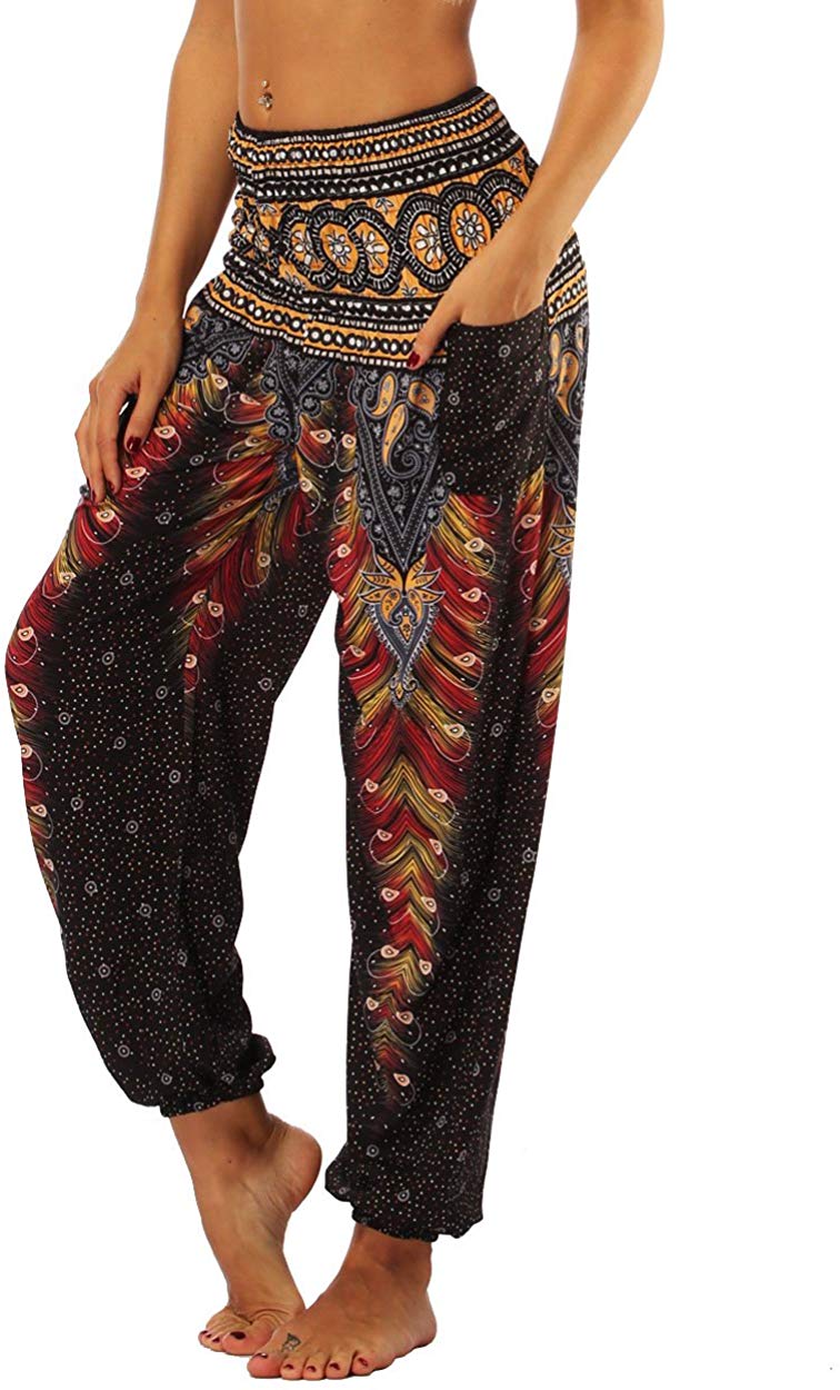 Nuofengkudu Baggy Indian Hippie Pants for Women Boho Vintage Floral Patterned Elasticated High Waist Black Peacock Print Comfortable Harem Pyjama Trousers for Yoga Summer Beach(Size: One Size)