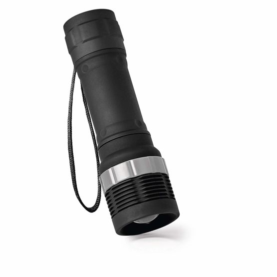 EMOS LED Zoomable Flashlight, IP43 Waterproof and Frost Resistant, 75 Lumens, 125 Meter Beam Distance, 15 Hours Runtime, Black