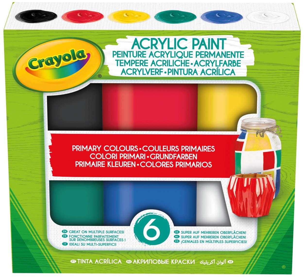 CRAYOLA 6 Acrylic Tempera Paints, Sunset Colours in Resealable Jars Ready to Use for School and Leisure Primary Colours /