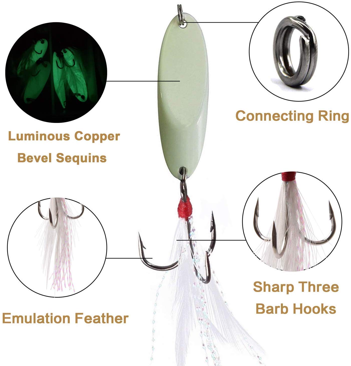 Spoon Lure Jigging Fishing Lures,Sinking Metal Luminous Spoons Hard Bait Saltwater with Treble Fishing Hooks for Salmon Bass Fishing Tackle - Image 2