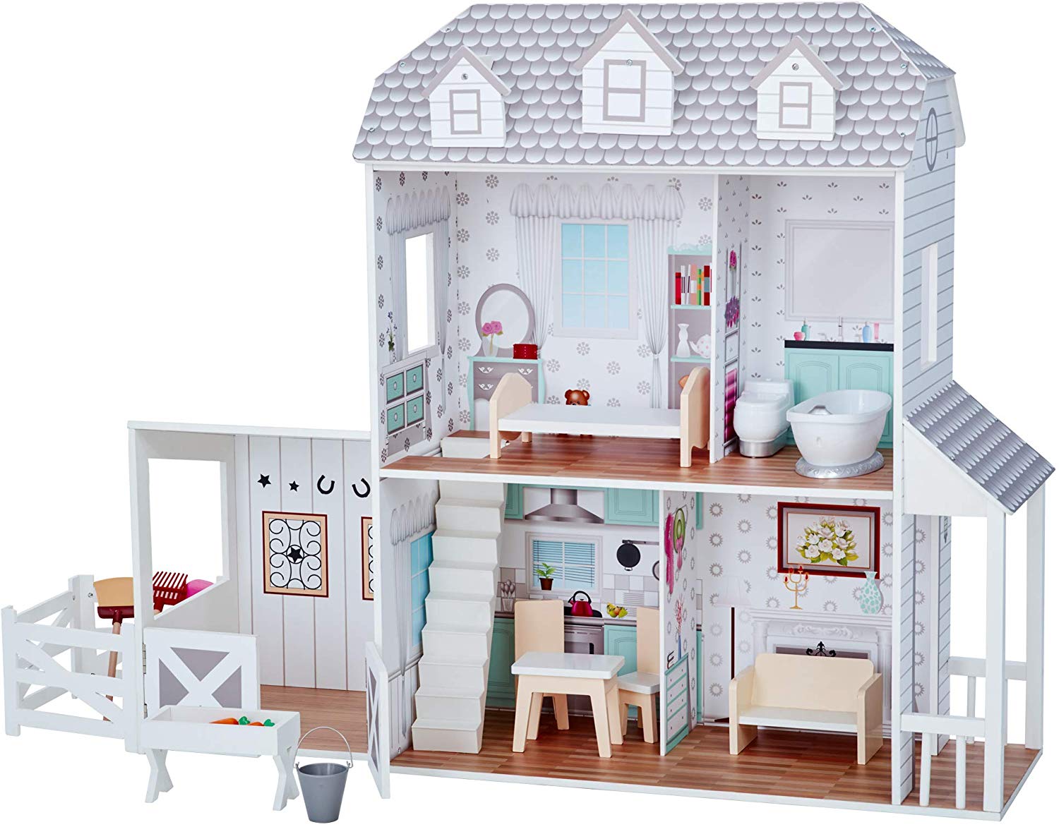 Olivia's Little World Dreamland Farmhouse Wooden Doll House with Horse Stable, Porch, and 14-pc. Accessory Set for 12" Dolls - Image 2