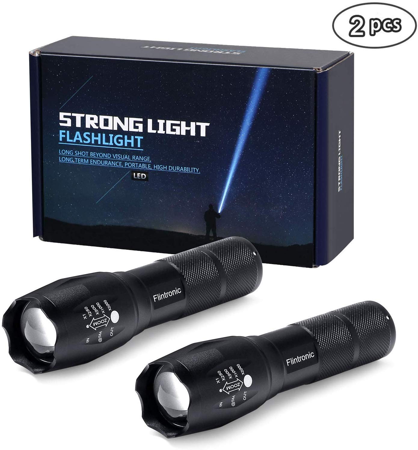 flintronic LED Torch Rechargeable, 2PCS CREE T6 Super Bright 1000Lumens Torch with 2 Batteries, Zoomable Mini Pocket Torch