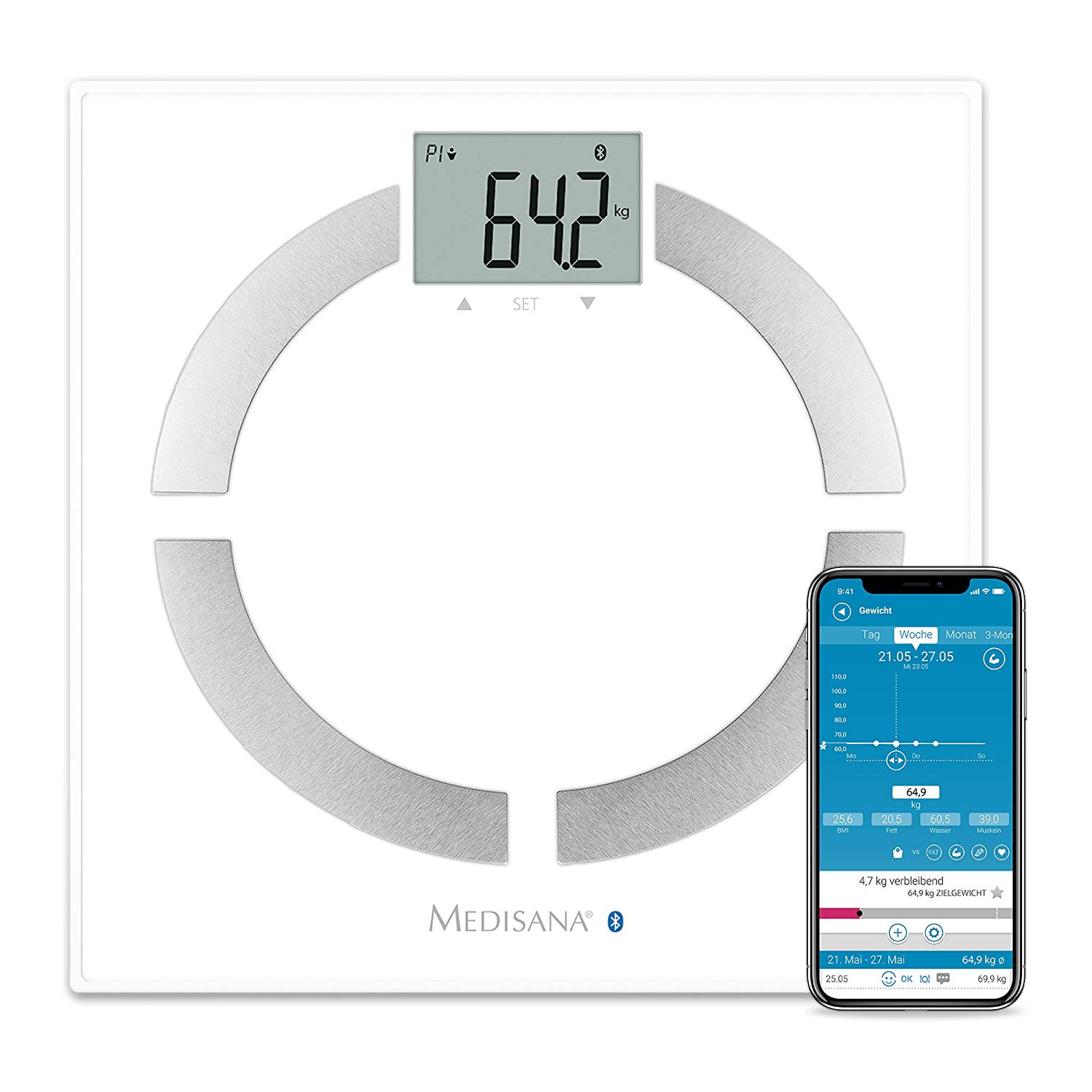 Medisana BS 444 connect Body analysis scale, Digital Bathroom Scales with Body Fat, Muscle and Bone Mass Analysis