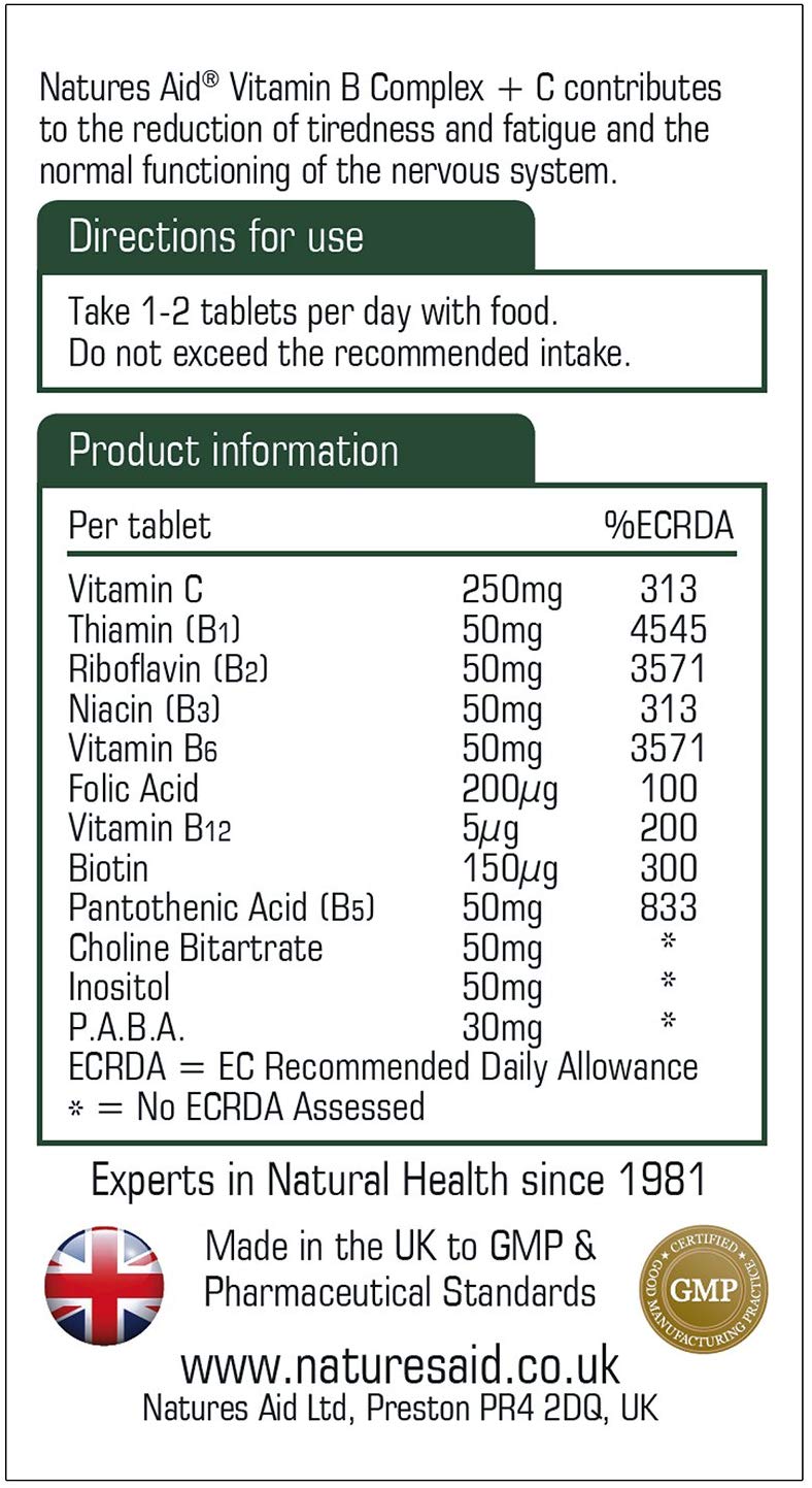 Natures Aid Vitamin B Complex 50 + C, High Strength B Vitamins with Vitamin C, Supports Energy, Nervous System & Immunity - Image 3