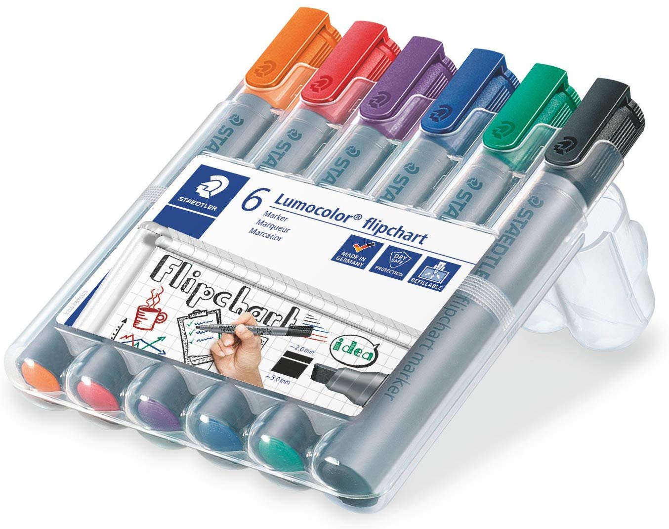 STAEDTLER 356 B WP6 Lumocolor Flipchart Markers, Chisel Tip 2-5mm Line Width - Assorted Colours (Pack of 6) - Image 2