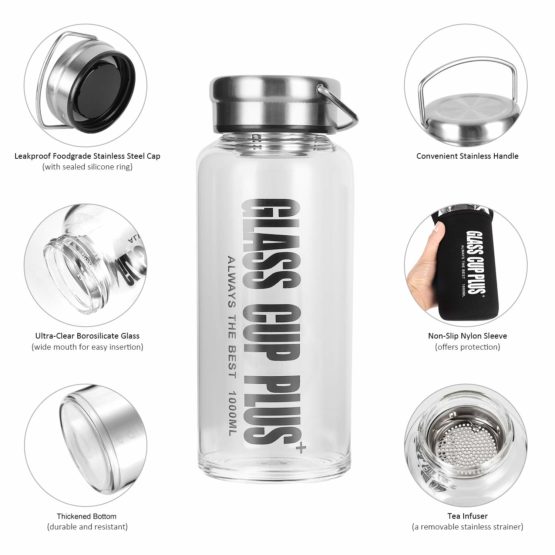 Glass Water Bottle 1 Litre, Sports Cold Water Bottle, LeakProof BPA